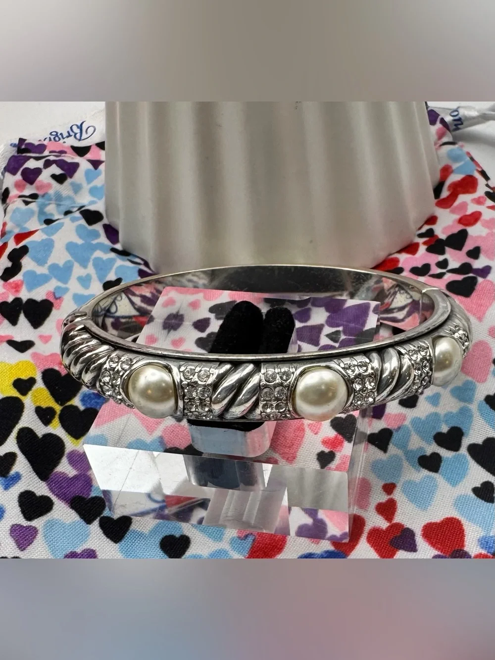 Brighton Silver-Tone Bangle Bracelet with Pearl & Crystal Accents - vintage